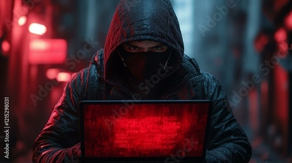 Obraz An image of a hacktivist with a laptop displaying a digital banner calling for change in political policies. 486