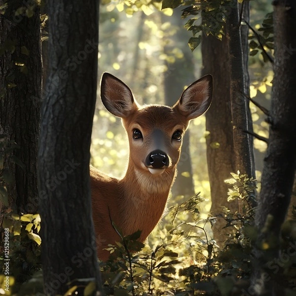 Fototapeta graceful deer with antlers walking through forest path