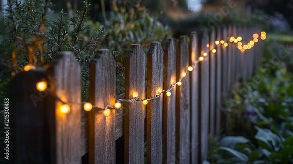 Obraz Wooden fence adorned with warm glowing string lights in a garden setting