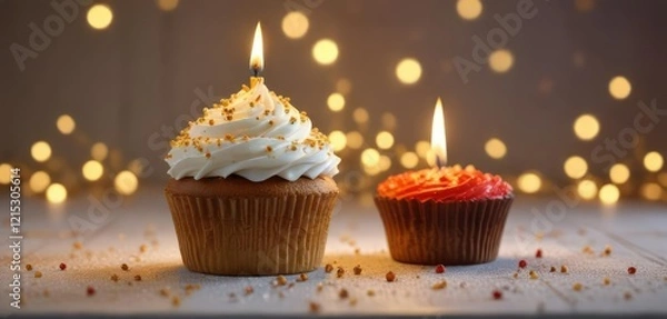 Fototapeta Frosty cupcake with a lit candle and golden sprinkles as the centerpiece, frosted cupcakes, single light source, golden decorations