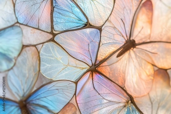Fototapeta Intricate mosaic of iridescent butterfly wings, showcasing delicate veins and pastel hues.
