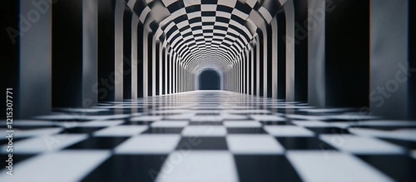 Fototapeta Checkered hallway, infinite perspective, dark background, design concept
