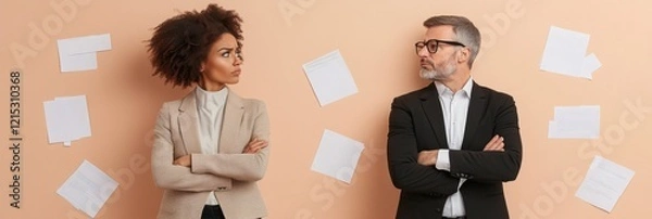 Fototapeta Tension rises between colleagues as conflict unfolds in a modern office environment filled with paperwork