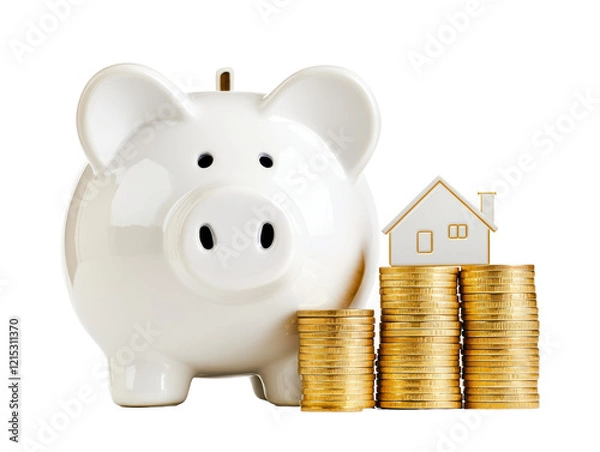 Fototapeta Isolated Piggy Bank with Coins and House