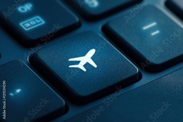 Fototapeta Airplane symbol button on computer keyboard, Online booking or purchase of plane ticket, Business travel concept