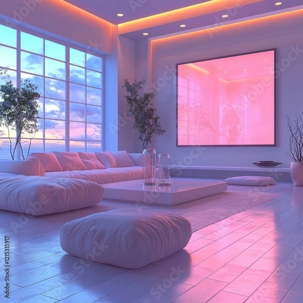 Fototapeta A modern interior design approach incorporates AR technology. Inside, a large screen presents an apartment layout with a bedroom. Users can place furniture virtually in the room via a tablet