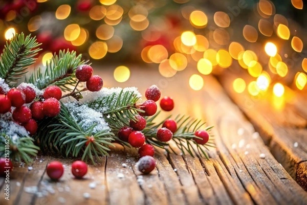 Fototapeta Rustic Winter Holiday Scene: Wooden Board, Frosted Pine, Red Berries, Warm Lights