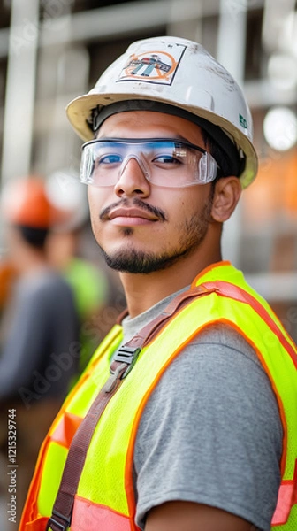 Fototapeta copy space, hispanic worker with safety vest and hardhat on an industrial site, chemical plant, face visible, other workers in background. Hispanic engineer with hardhat on chemical factory, latin wor