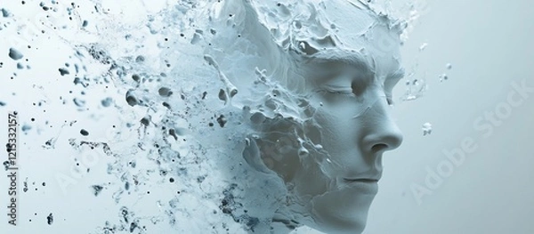 Fototapeta Serene face dissolving, water splash, gray background, concept art