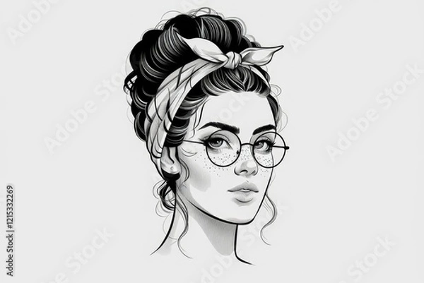 Fototapeta Stylish monochrome illustration of a woman with freckles, glasses, and a headscarf, exuding confidence and grace.