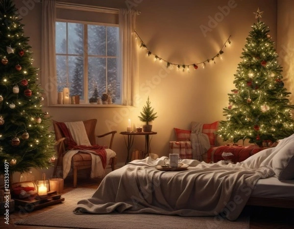 Fototapeta Cozy reading nook with a Christmas tree, soft blankets, and hot cocoa, hot cocoa, warm ambiance, cozy reading nook