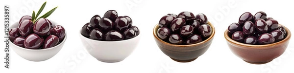 Fototapeta Kalamata Olives in a Small Bowl – A small bowl of deep purple Kalamata olives often served as an appetizer or side dish. Isolated on Clear White Background Highly Detailed 
