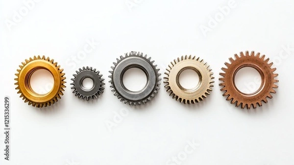 Obraz Metallic gears interlock on white background; teamwork concept