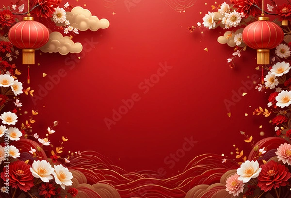 Fototapeta Chinese New Year Scene with Red Background, Red Lanterns, Festive Blossoms and Golden Clouds