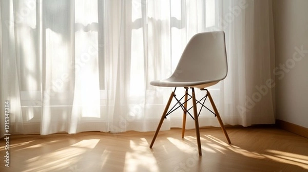 Fototapeta White chair, sunlit room, window curtains, home interior, design