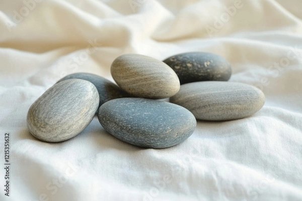 Fototapeta Five smooth, grey stones rest on a white fabric background, creating a serene and minimalist scene.