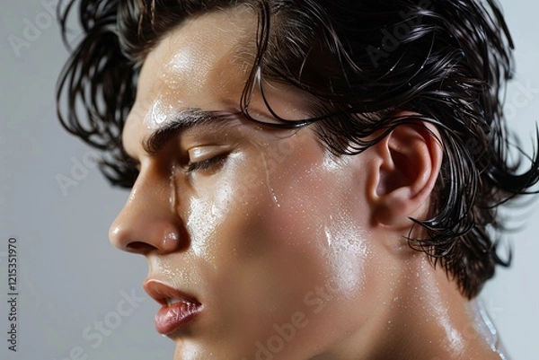 Fototapeta Studio portrait of a young man with damp hair and gelled face against a simple backdrop