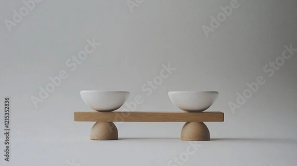Fototapeta Balanced ceramic bowls on wooden scale, minimalist studio background, comparison concept