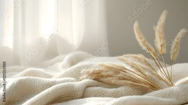 Fototapeta Cozy beige blanket with pampas grass, sunlit window background. Perfect for home decor websites