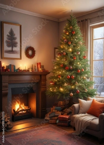 Fototapeta Cozy reading nook with a decorated tree and fireplace, peaceful atmosphere, reading nook, fireplace