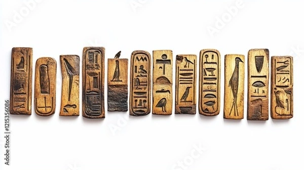 Fototapeta Ancient Egyptian hieroglyphs arranged on white background, studio shot, history education