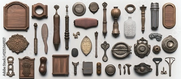 Fototapeta Antique Hardware Flatlay Diverse Wooden & Metal Objects Arranged on White Background for Design Inspiration