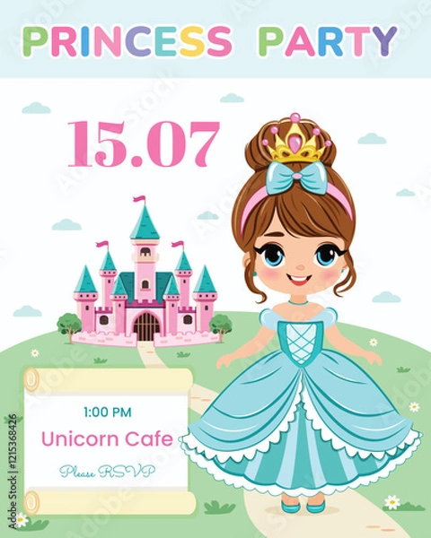 Fototapeta Invitation for Happy Birthday party. Cute princess stands in front of a fairytale castle. Template, Poster, Banner, Flyer, Greeting Card. Vector illustration in flat cartoon style.
