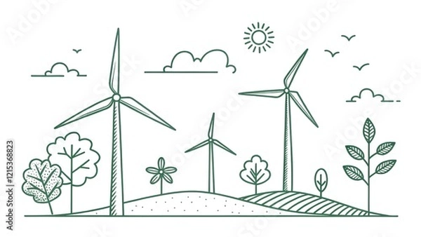 Fototapeta A minimalist line art illustration showcasing wind turbines generating clean energy in a rural landscape. 
