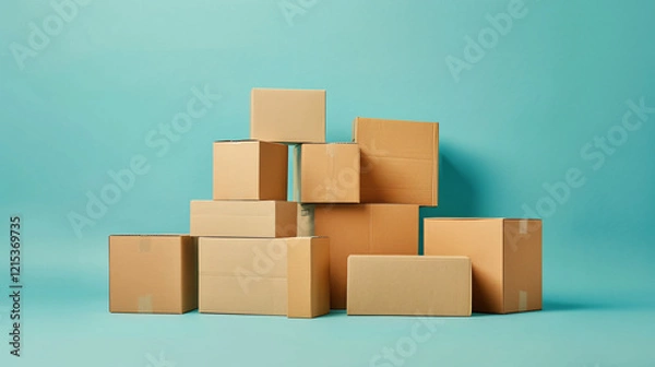 Fototapeta Stacked pyramid of cardboard boxes on turquoise background, conveying ideas of moving, storage, or delivery