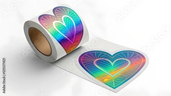 Fototapeta A close-up studio shot of a roll of heart-shaped stickers with a holographic