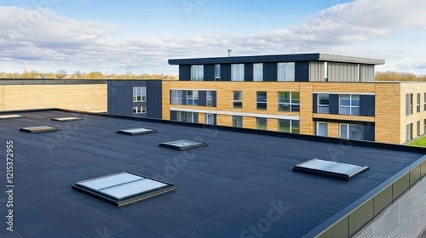 Obraz Flat roof, skylights, modern building, sunny day, cityscape, architectural design, real estate