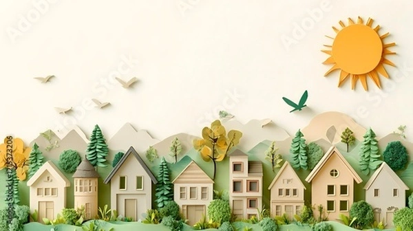 Fototapeta Idyllic papercraft village nestled in mountains, sunny day, nature background; ideal for real estate, environmental projects