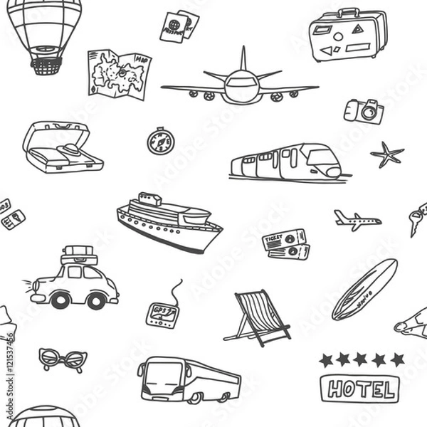 Fototapeta Doodle seamless pattern with different travel and vacation objects: bus, car, plane, ship, train, bag.