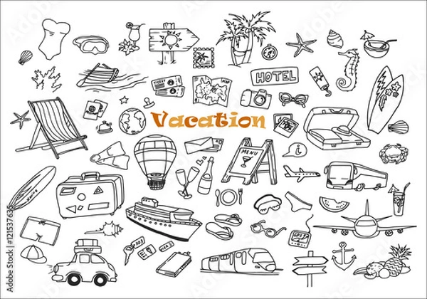 Fototapeta Hand-drawn doodles of the different vacation objects. Summer line art collection.