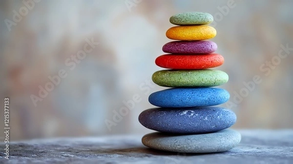 Fototapeta Colorful stones stacked, balance concept, tranquil background, zen garden,  website banner
