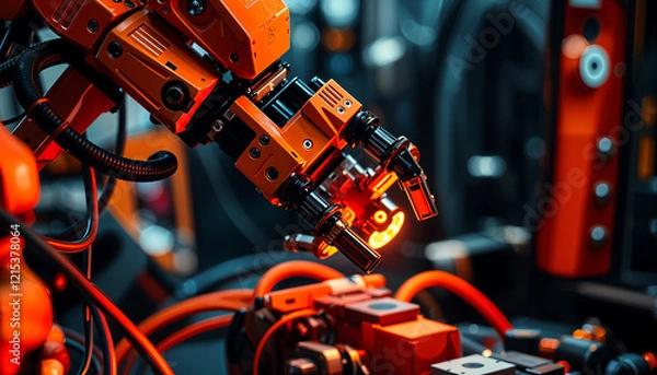 Fototapeta Close-up of a robotic arm assembling tech