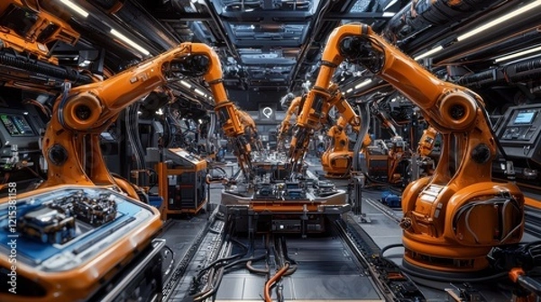Fototapeta Automated factory robots assemble parts on futuristic assembly line