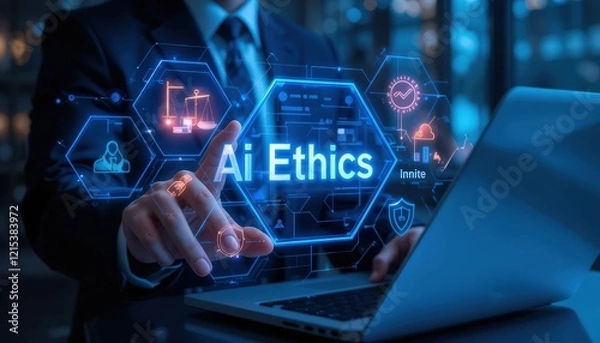 Fototapeta AI ethics or AI law concept. Businessman with ai ethics icon on virtual screen for compliance, regulation, standard , business policy and responsibility.