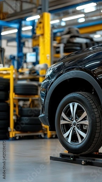 Fototapeta A black SUV is seen at a bustling automotive service center during the day, where new tires are being installed