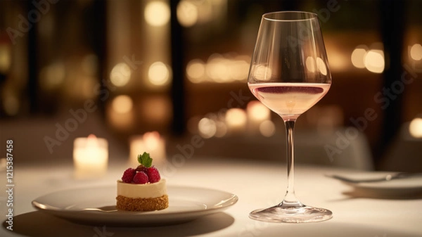 Fototapeta デザートとワイングラスがキャンドルライトに照らされた落ち着いたディナーシーン