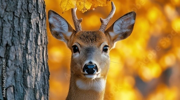 Fototapeta Autumn Deer Portrait, Forest, Yellow Leaves