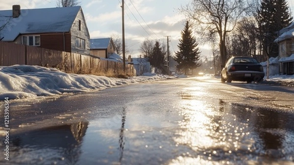 Fototapeta A winter street gleams under a golden sunset, with snow melting into icy puddles reflecting the warm, fading light.