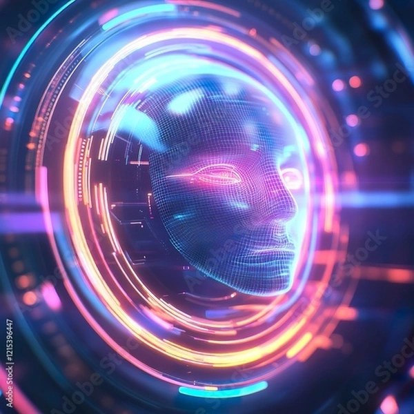 Fototapeta Futuristic ai face with neon lights and digital circuits
