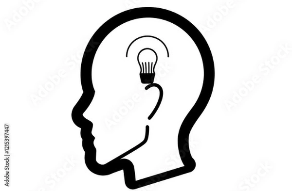 Fototapeta  A one-line drawing style illustration of a man's head with a light bulb inside his brain, set against a white background.