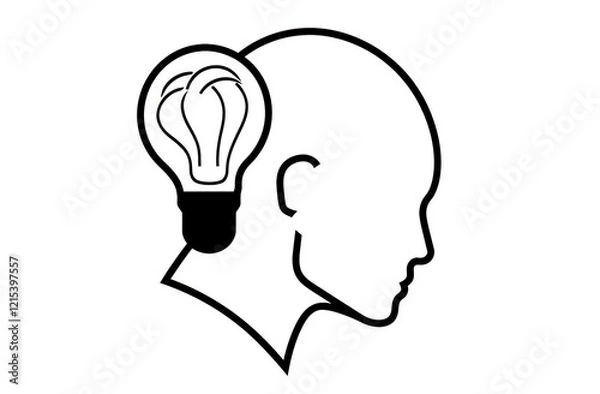 Fototapeta  A one-line drawing style illustration of a man's head with a light bulb inside his brain, set against a white background.