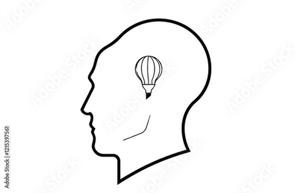 Fototapeta  A one-line drawing style illustration of a man's head with a light bulb inside his brain, set against a white background.
