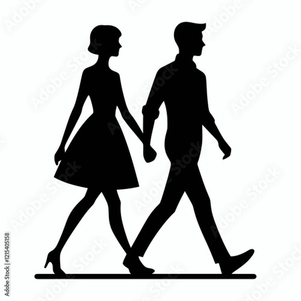Obraz  Walking Couple Silhouette in black on a white background
