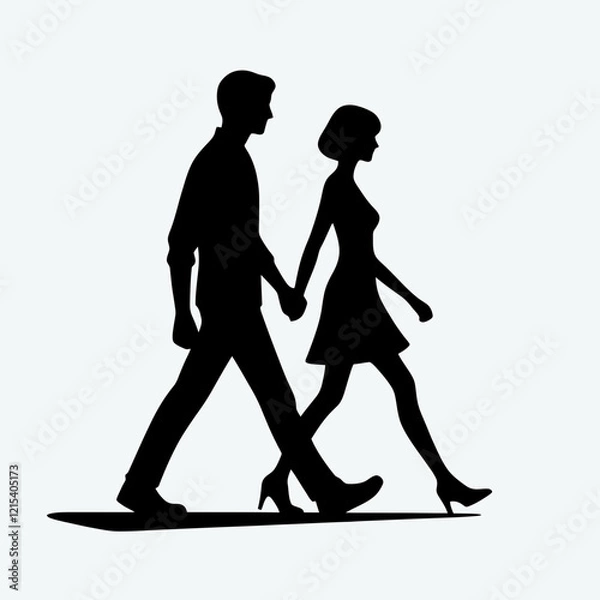 Obraz  Walking Couple Silhouette in black on a white background