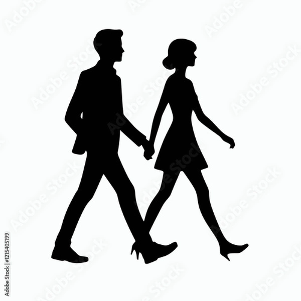 Obraz  Walking Couple Silhouette in black on a white background