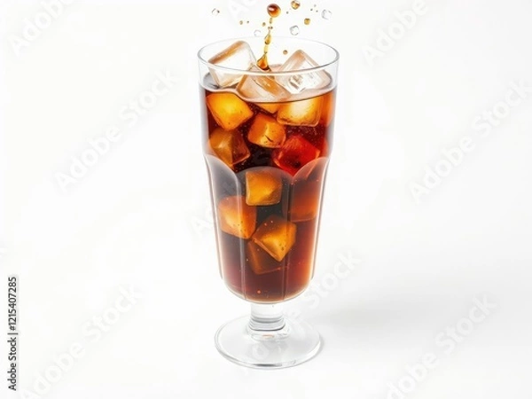 Fototapeta Cola glass with falling ice cubes on white background, concept, ice cubes